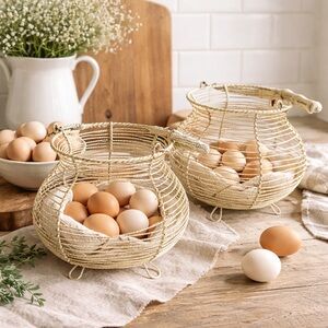 Vintage Wire Egg Gathering Baskets Farmhouse Kitchen Decor Set